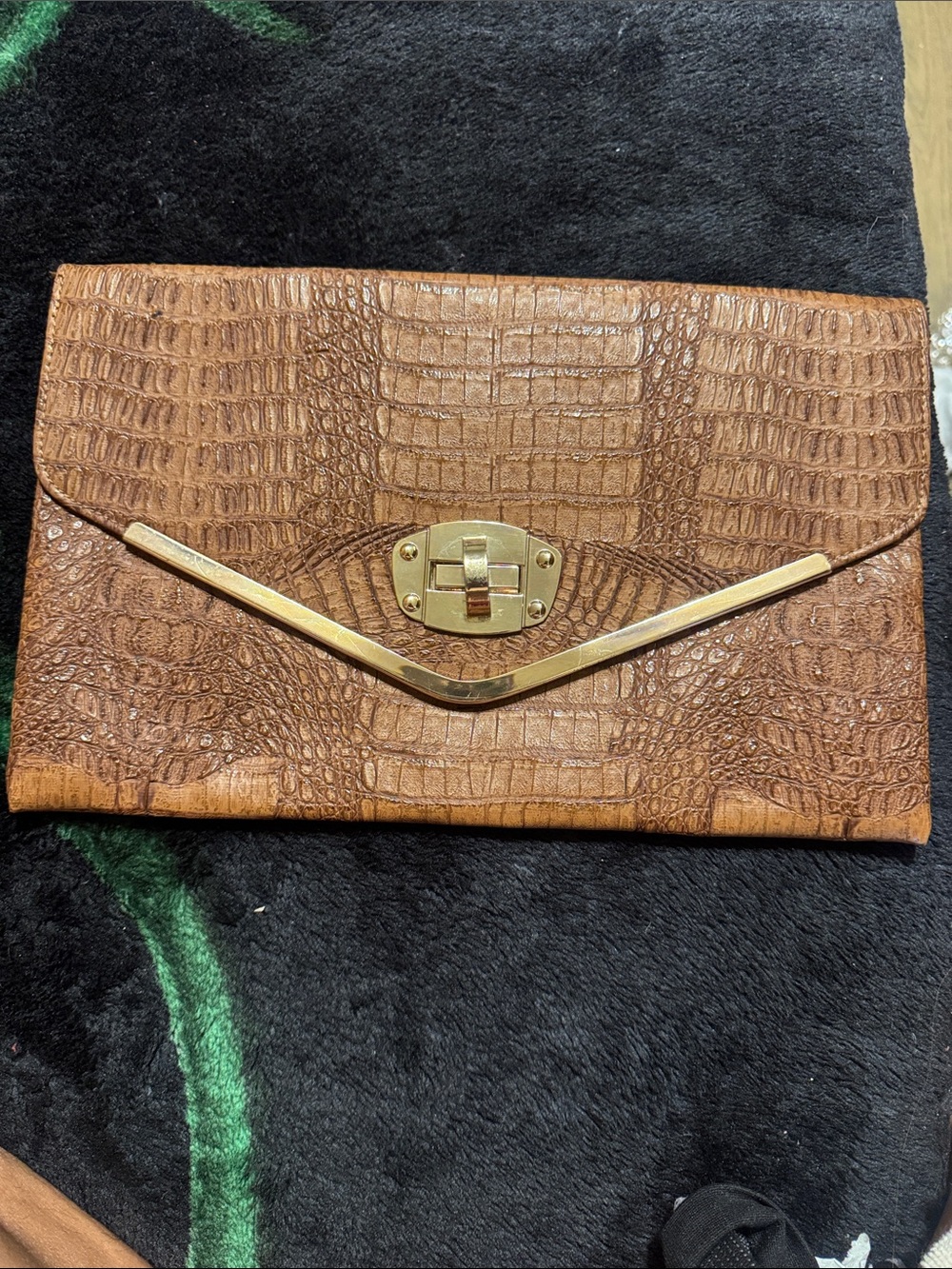 Expressions Tan Croc-Embossed Envelope Clutch with Gold Hardware